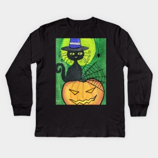 Black cat in purple witch hat on Jack o lantern gouache painting Kids Long Sleeve T-Shirt